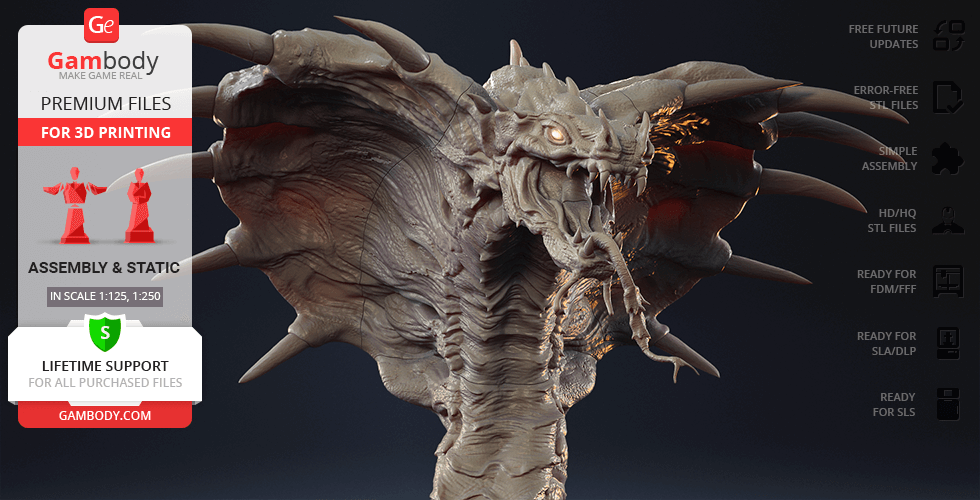 A detailed 3D model of a mythical king cobra with an open mouth and spread hood for printing.