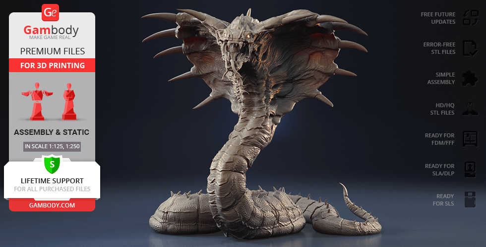 3D model of a menacing king cobra with flared hood, ready for 3D printing, detailed scales and texture.