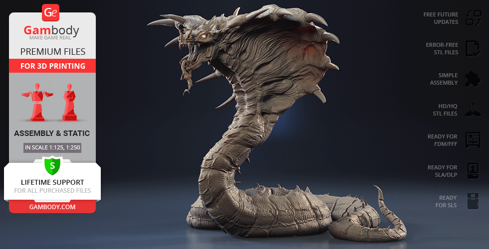 A detailed 3D model of a fantastical King Cobra with a fearsome expression, designed for 3D printing.