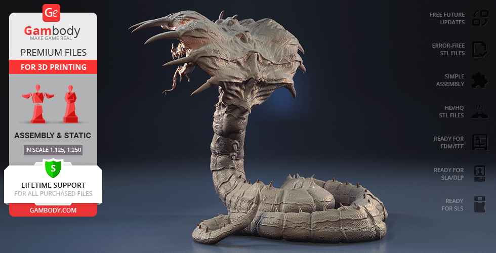 A detailed 3D model of a king cobra with an open hood, ready for 3D printing.