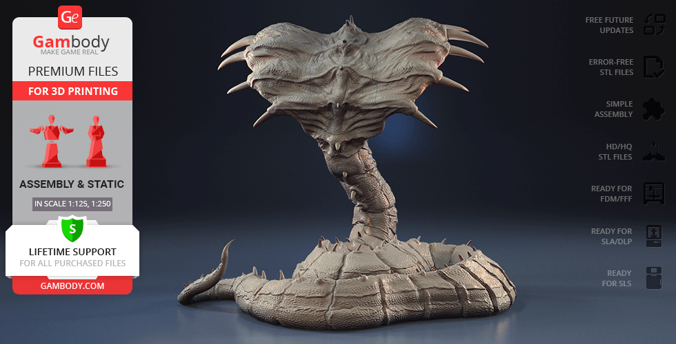 A detailed 3D model of a king cobra with an ornate hood and textured scales, designed for 3D printing.