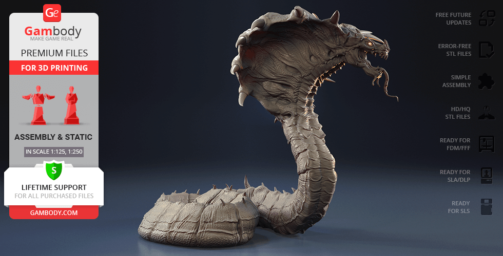 A detailed 3D model of a menacing king cobra ready for 3D printing with assembly and scaling options.
