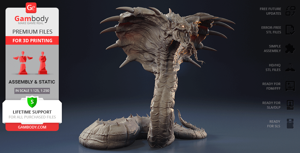 A detailed, menacing 3D model of a King Cobra with protruding fangs and hood, ready for 3D printing.