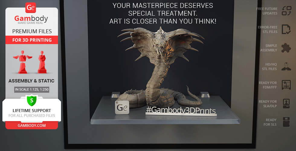 A detailed 3D model of a King Cobra with an elevated hood, ready for 3D printing.