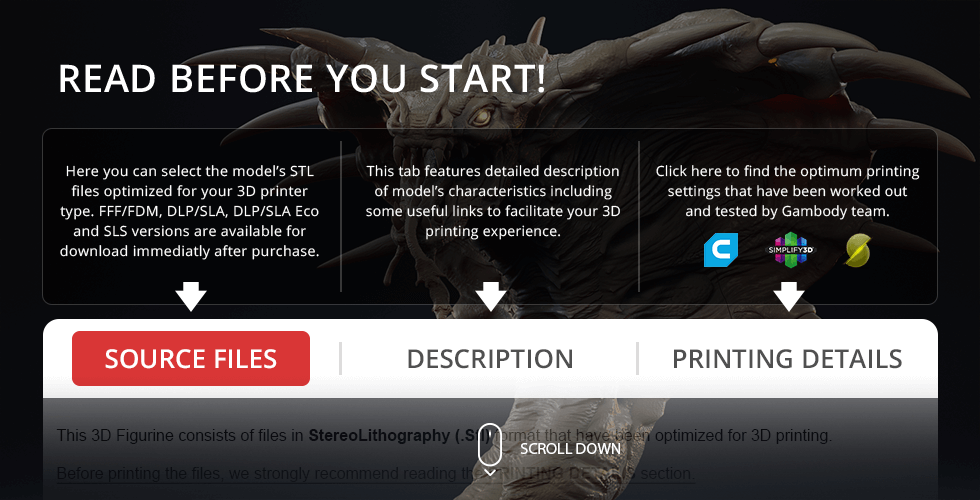 A detailed King Cobra 3D model for printing, with sections for source files, description, and printing info.