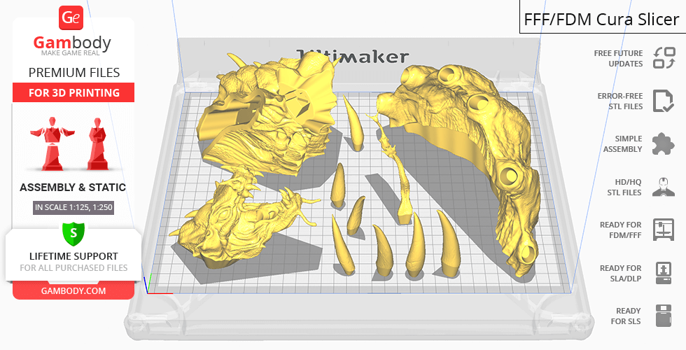 3D model pieces of a King Cobra on a grid platform for printing, showing detailed head and fangs.