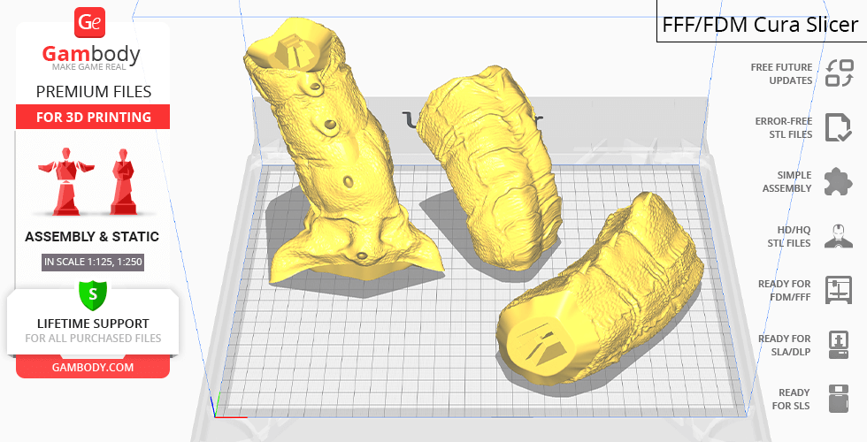 Three 3D-printable yellow King Cobra STL model segments on a digital slicing interface.