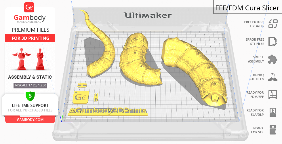 3D model parts of a King Cobra on a printing bed, displayed in yellow for slicing.