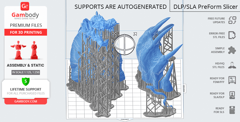 A 3D model of a King Cobra's head and hood, with autogenerated supports for printing.