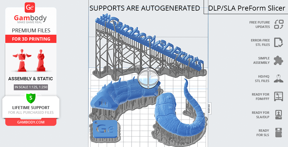 3D model of a coiled king cobra with autogenerated supports, ready for 3D printing with Gambody setup.