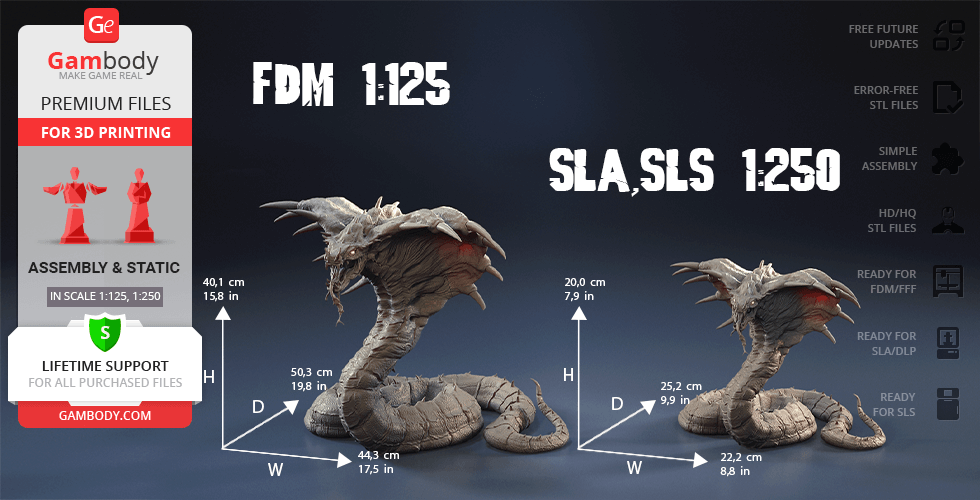 3D model of a detailed king cobra, ready for printing, shown in two scales: 1:125 and 1:250.