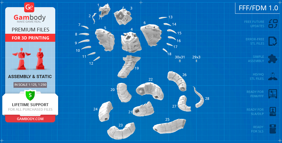 King Cobra 3D model assembly parts layout for printing on a blueprint background.