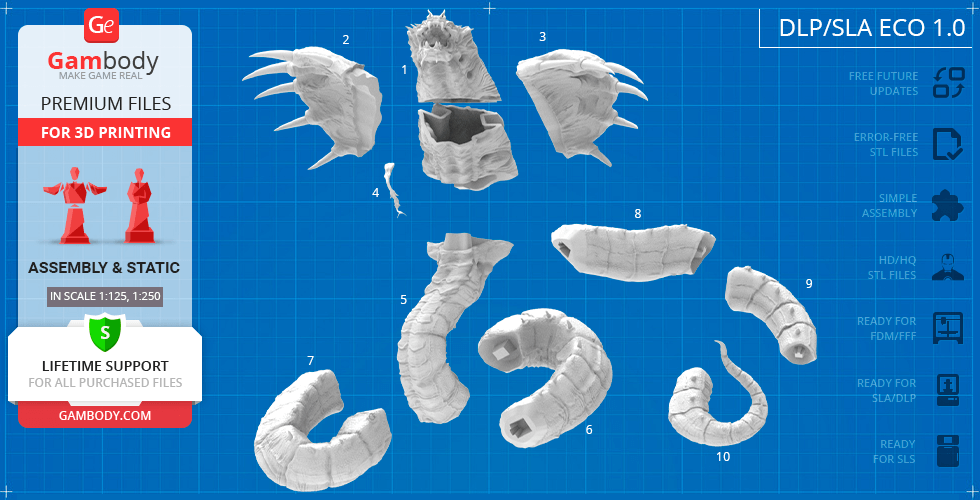 3D printable King Cobra model pieces displayed on a blue grid background, marked for assembly.
