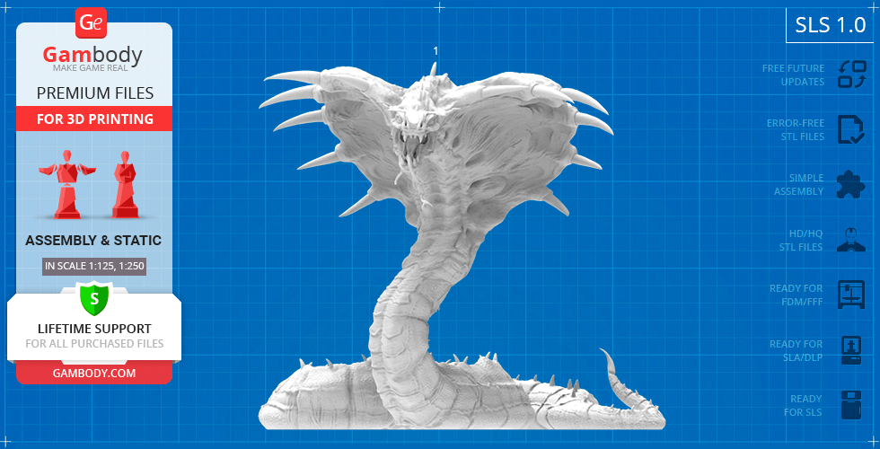 A detailed 3D model of a king cobra with an extended hood, ready for 3D printing, shown against a blueprint background.