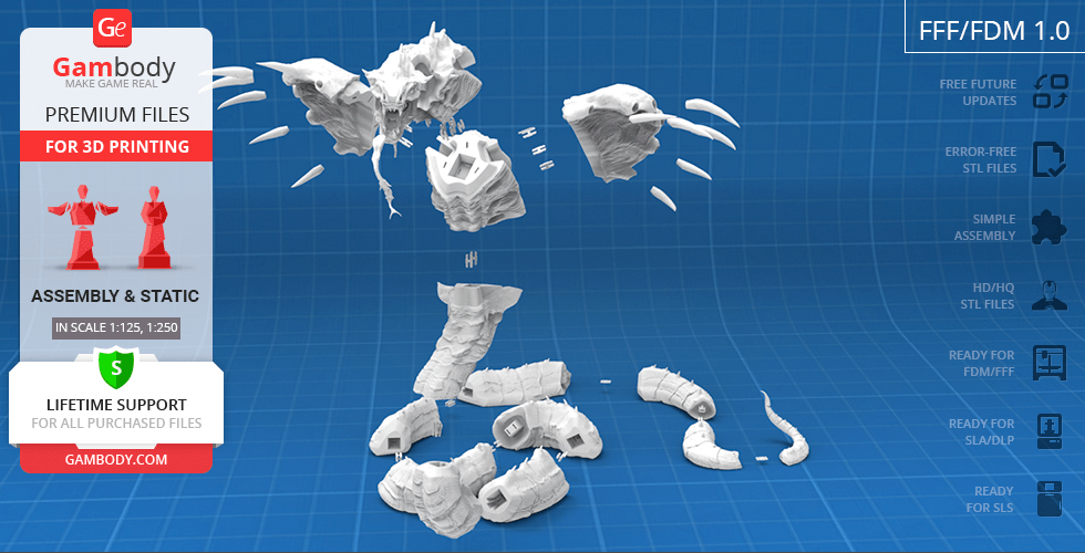 3D model parts of a King Cobra laid out on a blue grid background for printing assembly.