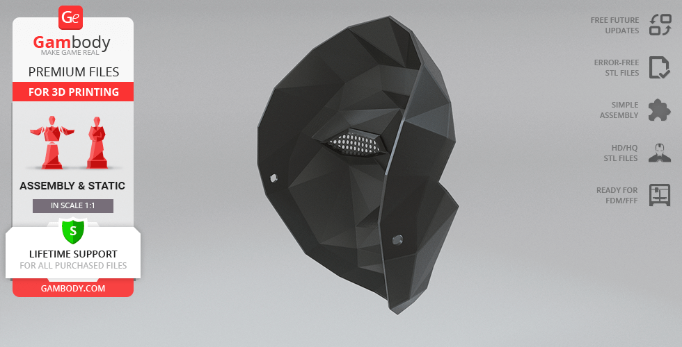 A geometric, black mask design for 3D printing, inspired by 'Squid Game'.
