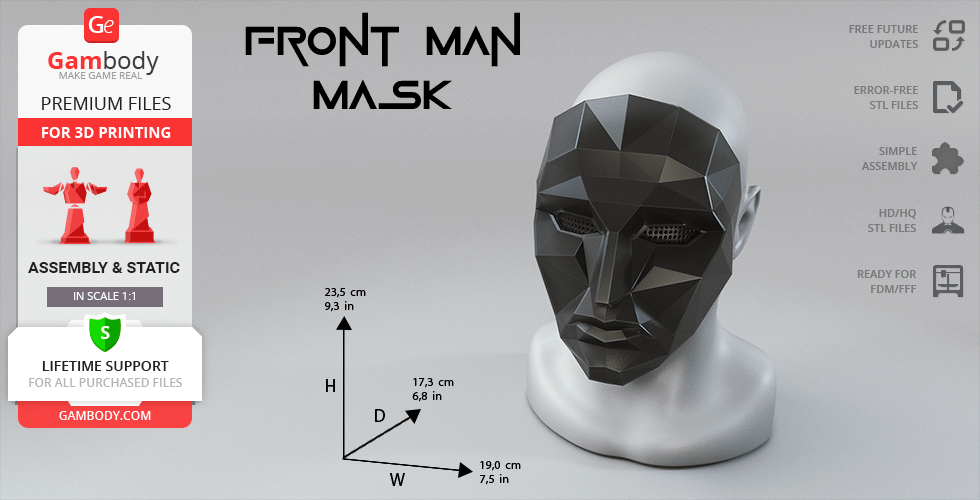 A geometric, angular mask modeled for 3D printing, resembling a character from a popular series.