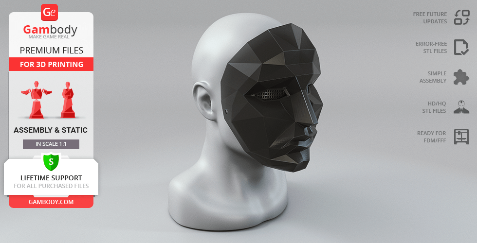 Geometric black mask on a gray mannequin head for 3D printing, inspired by Squid Game series.
