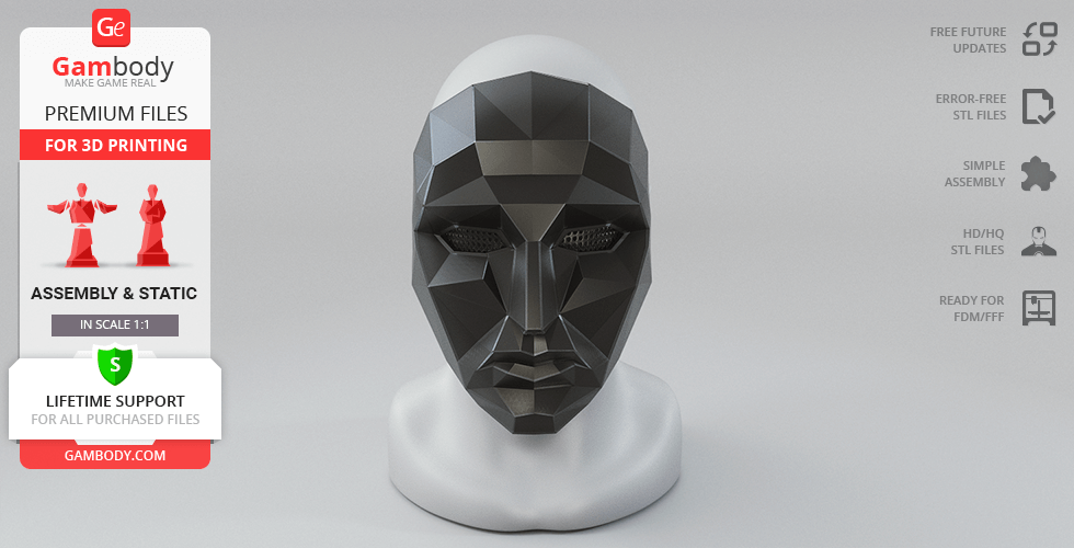 Angular geometric dark mask with panel details on a display stand, designed for 3D printing.