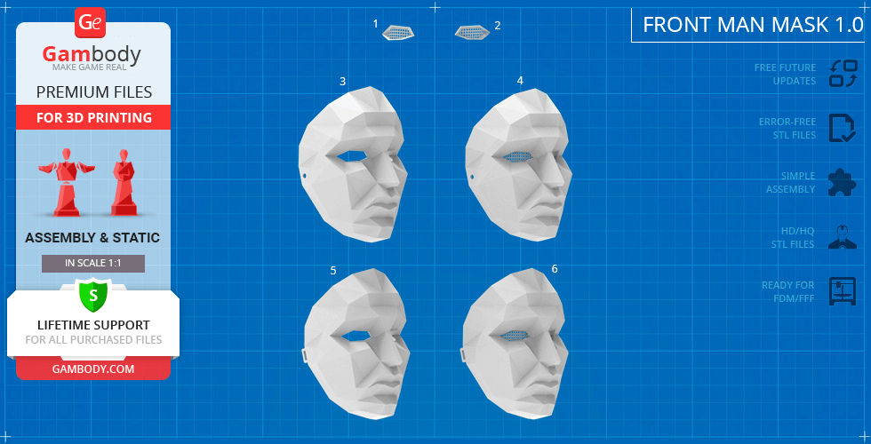 Polygonal 3D mask model for printing, resembling a stylized human face; blueprint-style presentation.