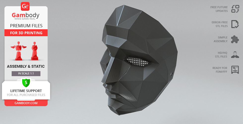 Faceted geometric mask design, dark color, for 3D printing; includes assembly and error-free STL files.