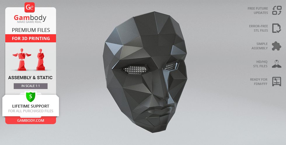 Angular, polygonal black mask with mesh eye details, inspired by 'Squid Game' for 3D printing.
