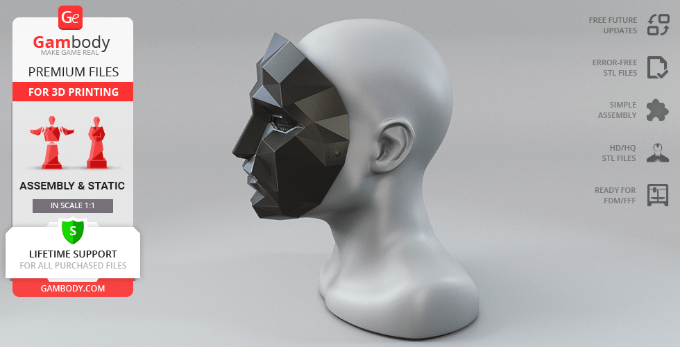 A geometric mask on a mannequin head for 3D printing, inspired by Squid Game.