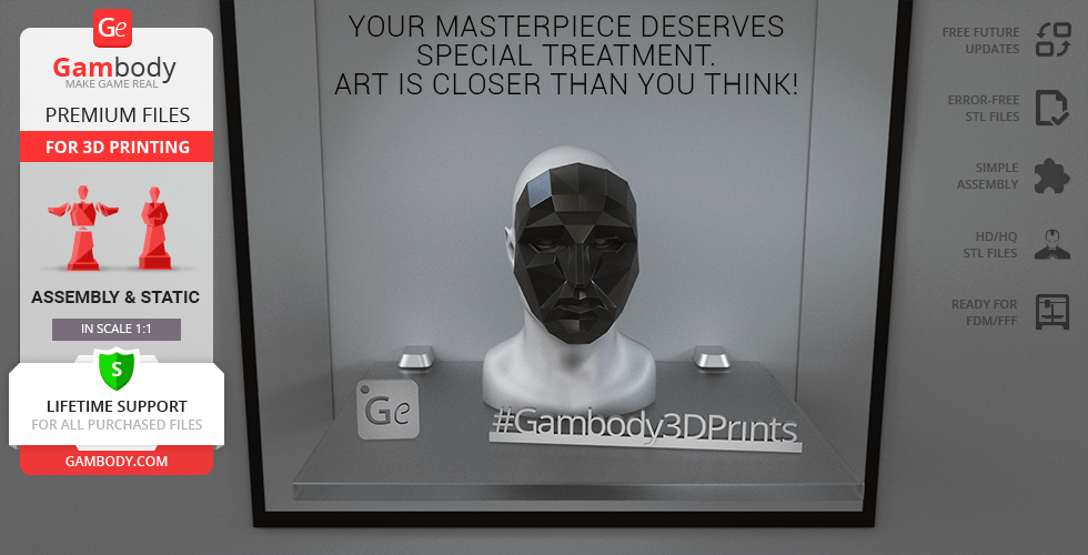 Geometric black mask display on mannequin head, for 3D printing. Gambody promotional features on the side.
