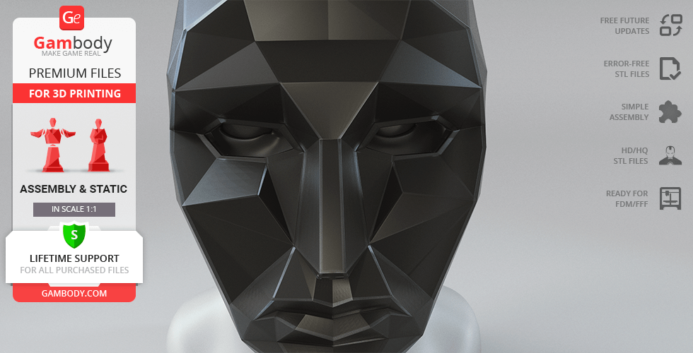 Geometric black mask from Squid Game, designed for 3D printing with Gambody features on display.