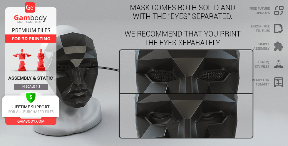 Geometric black mask for 3D printing with detachable eye sections, displayed on a mannequin head.