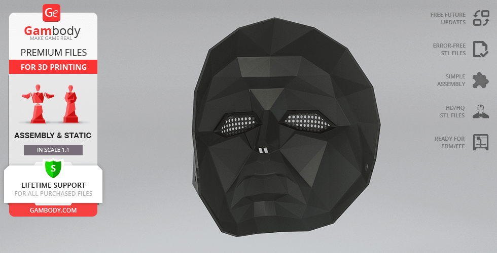 Geometric black mask with angular features and mesh eye cutouts for 3D printing.