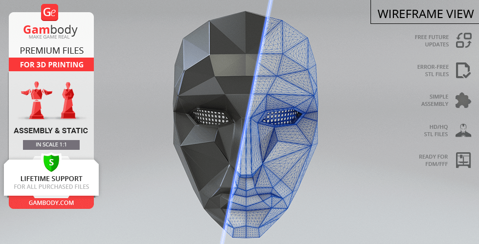 Geometric mask split into solid and wireframe views for 3D printing, shown with Gambody branding.