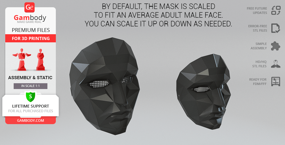 Low-poly black mask inspired by Squid Game, designed for 3D printing.