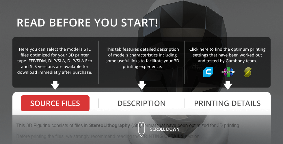 Geometric black mask from Squid Game for 3D printing, with informative tabs on STL files and printing details.