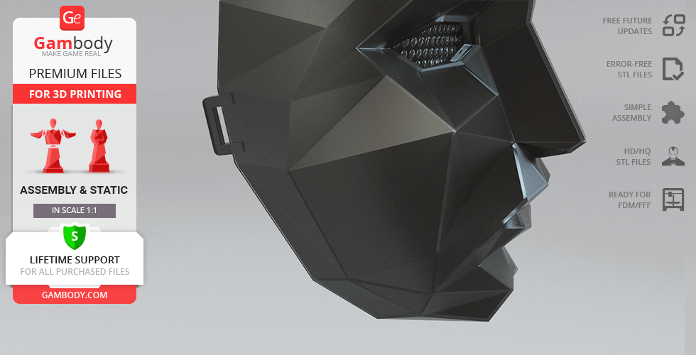 Low-poly black mask model for 3D printing, inspired by 'Squid Game.'