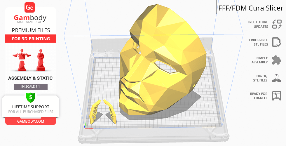 Low-poly yellow mask model for 3D printing, inspired by Squid Game, displayed on a virtual slicer.