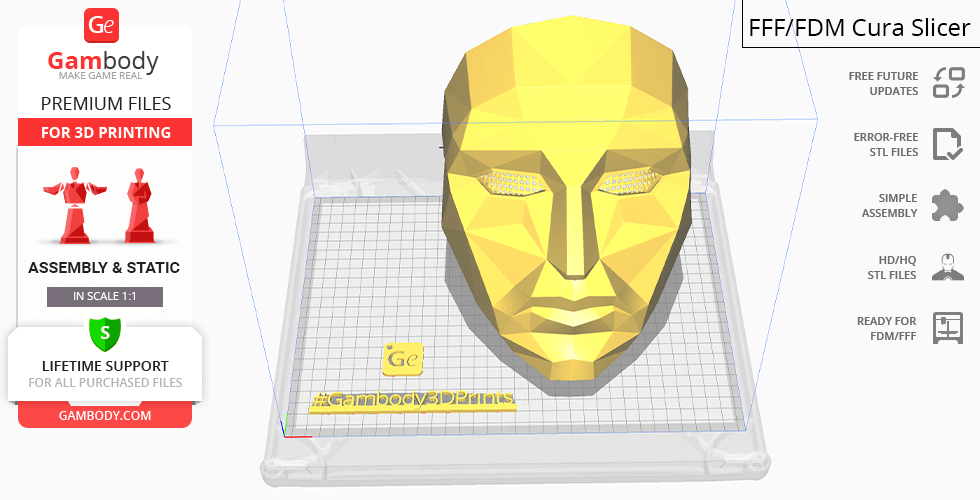 A 3D model of a geometric, angular face mask designed for 3D printing.