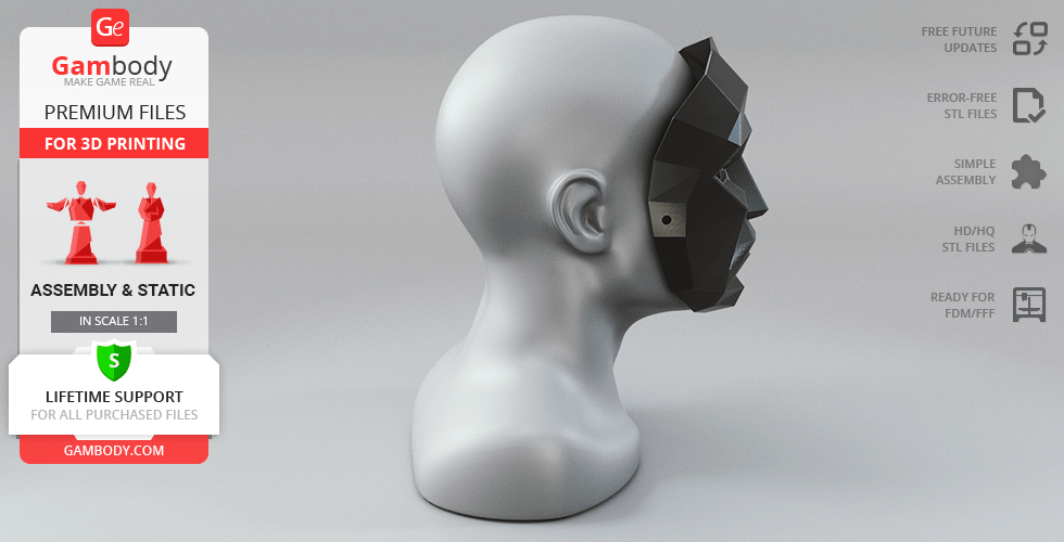 A geometric, polygonal mask attached to the side of a mannequin head, designed for 3D printing.