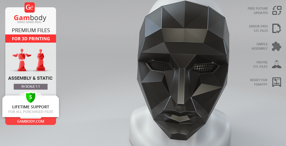 Polygonal black mask with abstract features for 3D printing, inspired by 'Squid Game.'