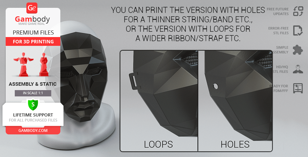 Faceted black mask with options for loops or holes for string/ribbon attachment, designed for 3D printing.