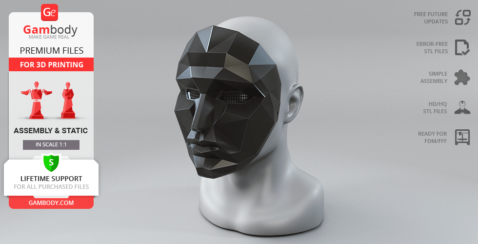 Geometric black mask on a mannequin head, designed for 3D printing.