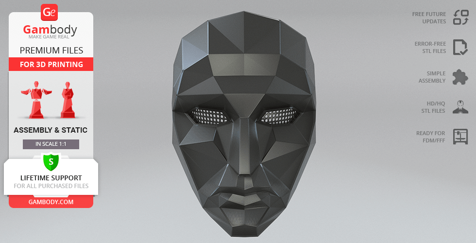 Faceted geometric mask model for 3D printing, inspired by Squid Game, from Gambody.