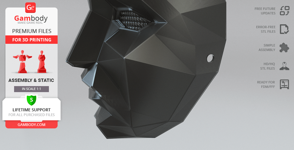 Faceted black mask with geometric design for 3D printing, side view on a gray background.