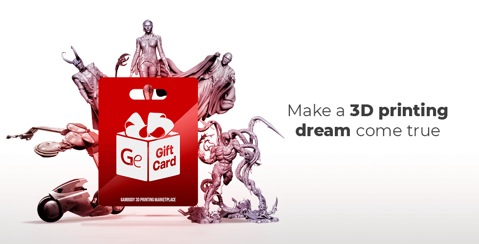 Red gift card for $25, surrounded by various 3D model characters, with text promoting 3D printing dreams.