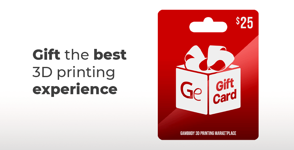 Red gift card for Gambody 3D Printing STL files, valued at $25, with gift box design.