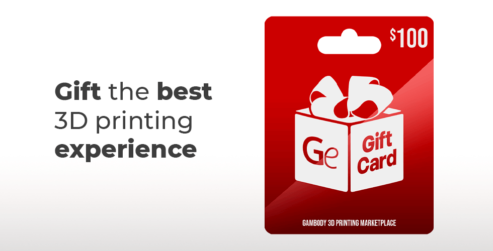 Red Gambody gift card for $100, featuring a gift box design and text for buying 3D printing STL files.