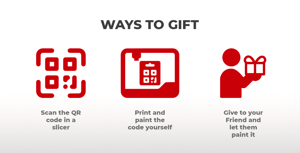 Icons showing methods to gift: scan QR code, print and paint, or give for painting.