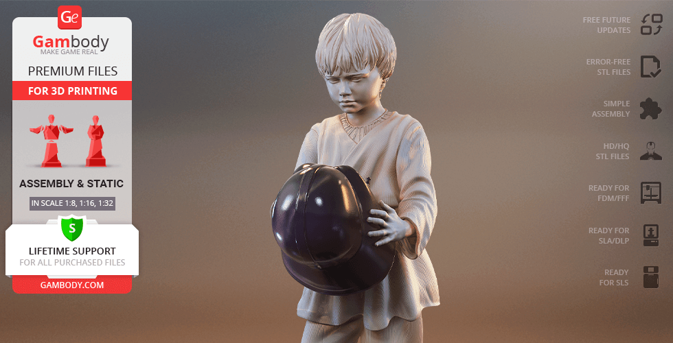 Young boy 3D model holding a helmet, available in various scales for 3D printing on Gambody.