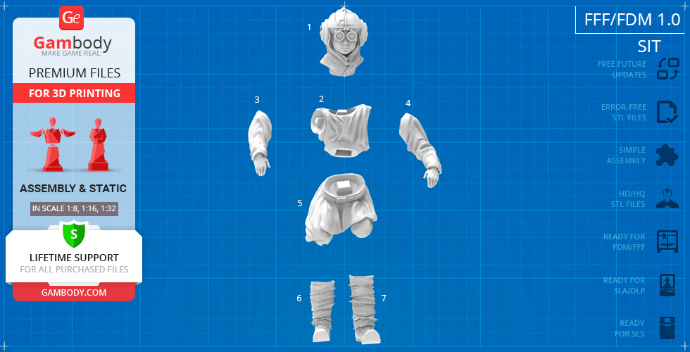 3D printable parts for assembling a young character, including head, torso, arms, legs, and accessories.