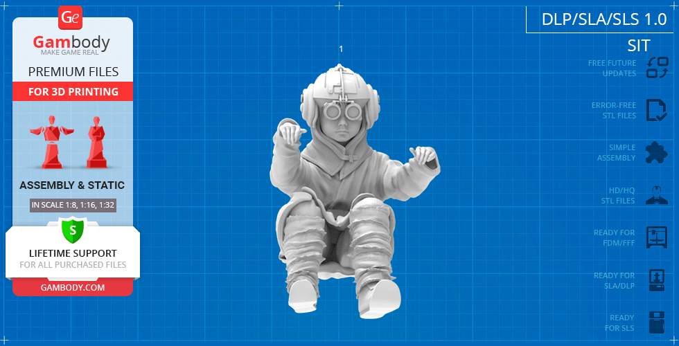 3D model of a child in a seated position wearing goggles, designed for 3D printing.